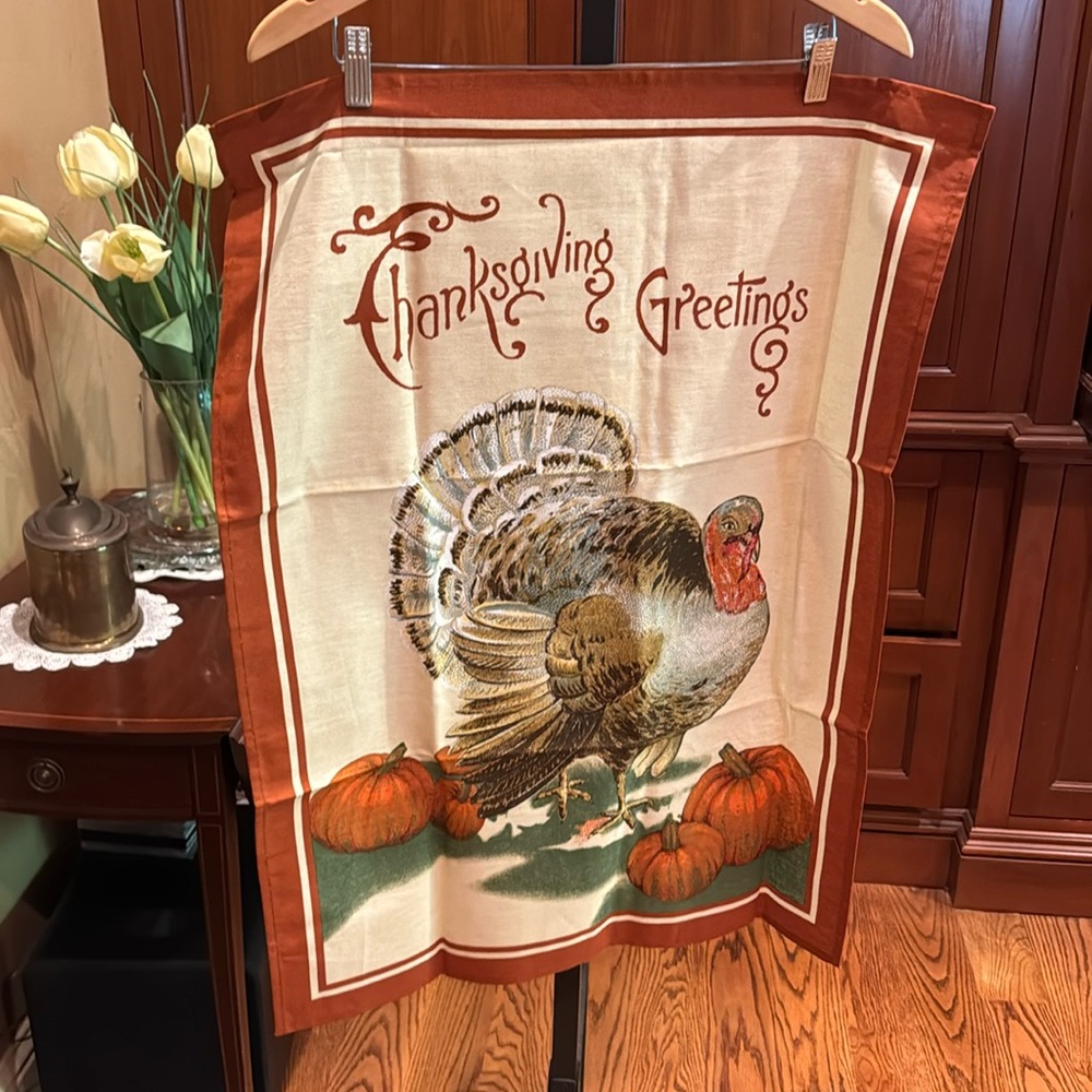 NWOT Williams Sonoma Thanksgiving Greetings Turkey Fall Cotton Linen Towel NEW